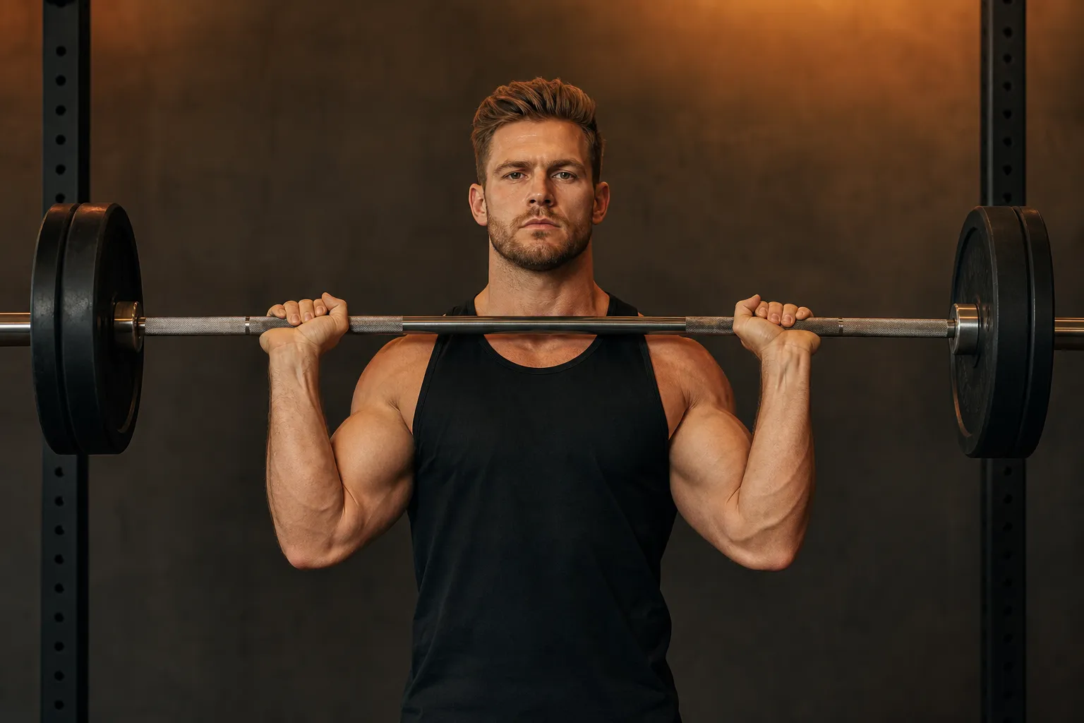 Overhead press at the bottom of the movement, bar resting on the front of the shoulders, elbows bent
