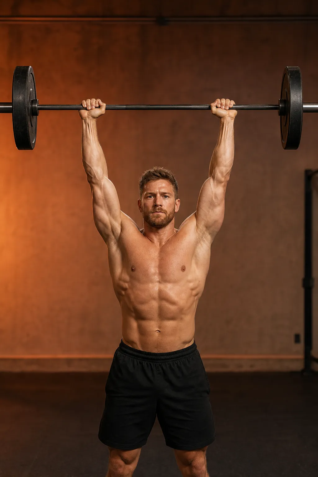 Overhead press at the top of the movement, bar locked out overhead, arms fully extended