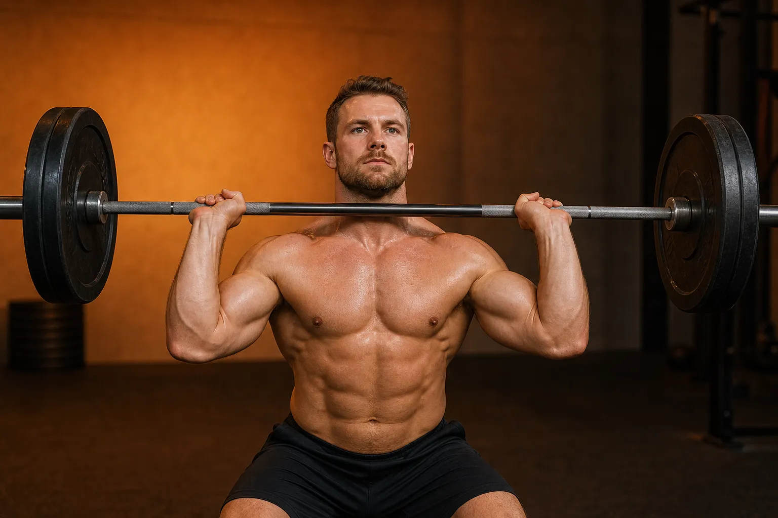 Push press at the dip position, knees bent, bar on the front of the shoulders