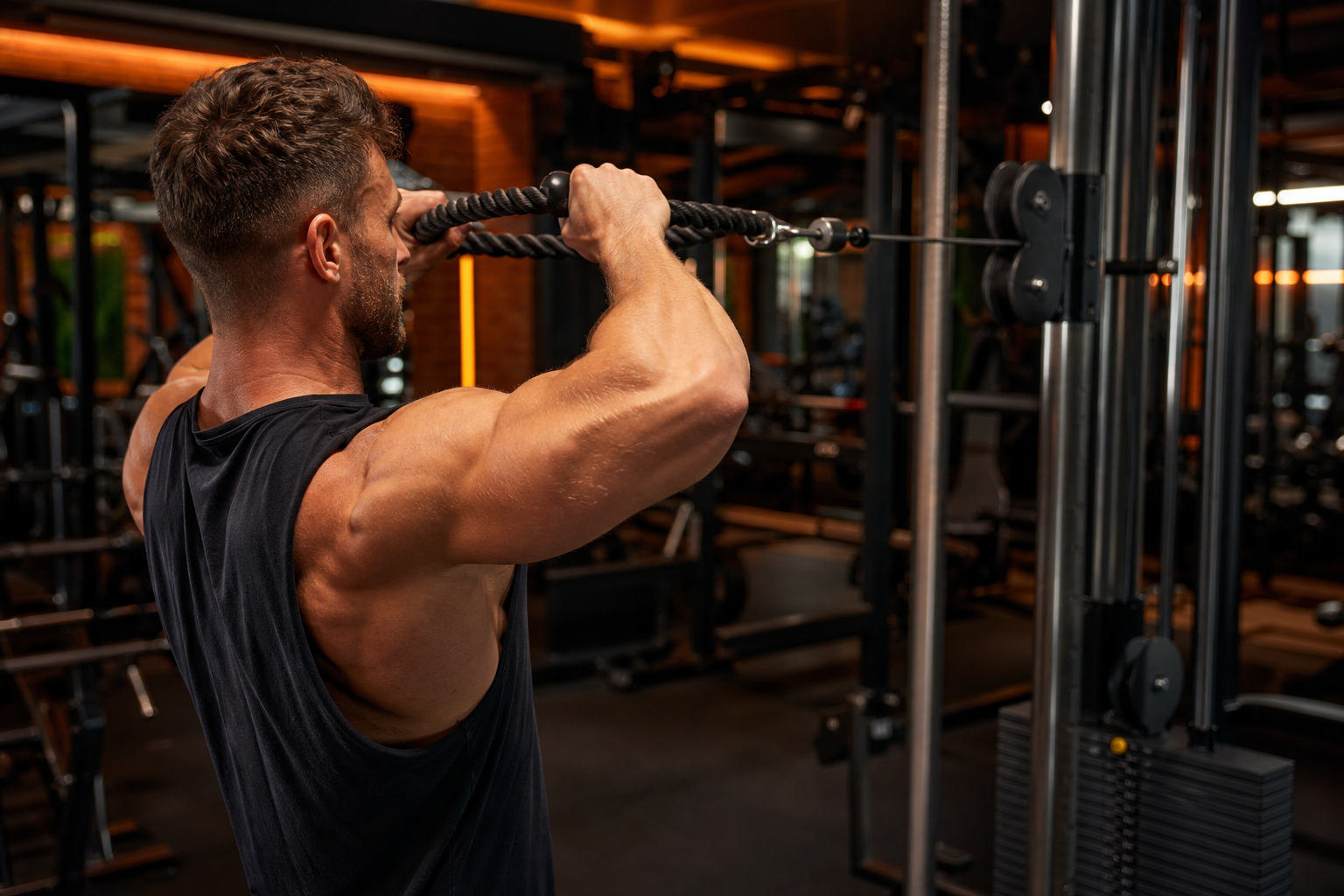 Cable front raise with rope attachment at shoulder height