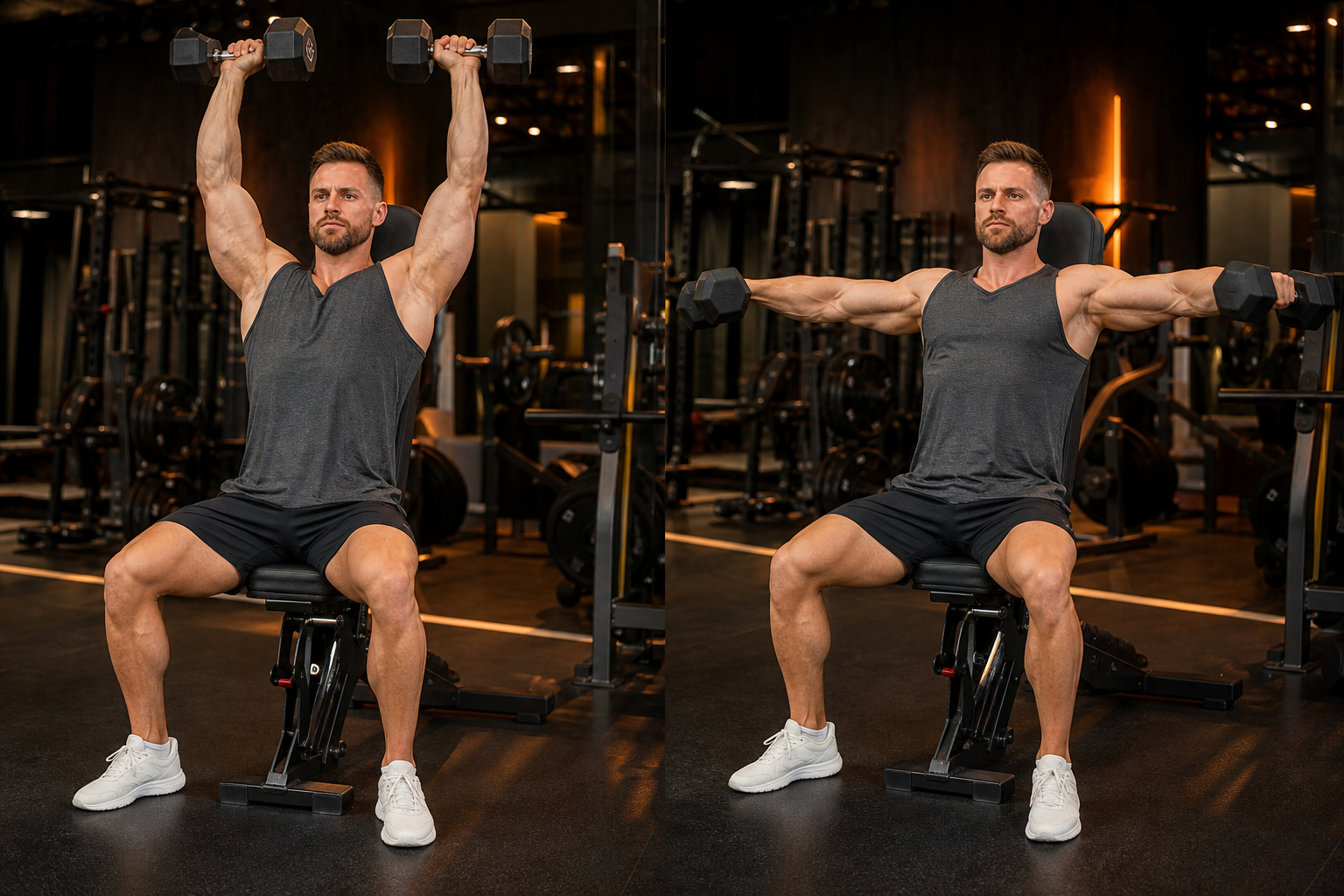 Athlete performing dumbbell shoulder press with full range of motion overhead