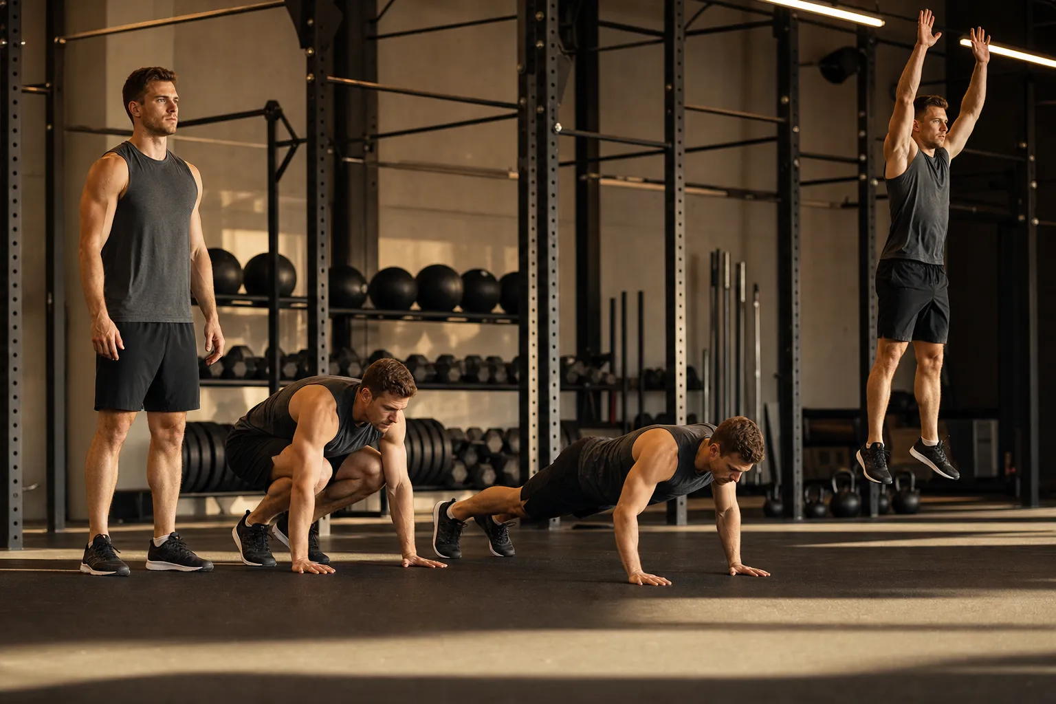 Athlete demonstrating the four phases of a burpee: standing, squat with hands on floor, plank position, and explosive jump