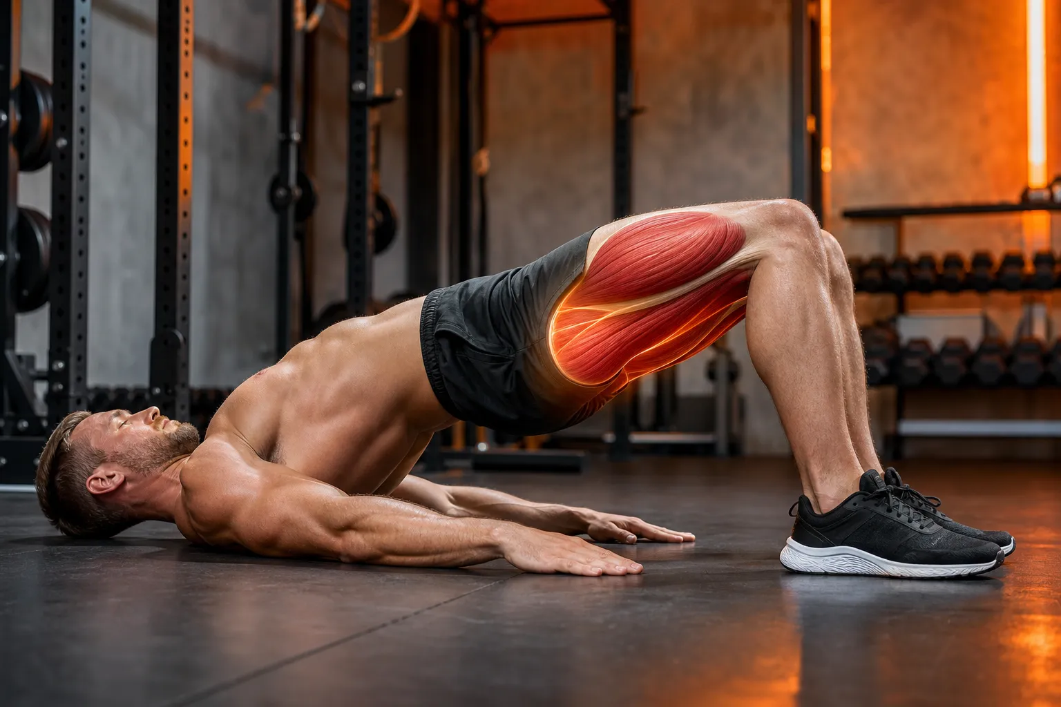 Male athlete performing a glute bridge with visible glute and hamstring engagement, highlighting the gluteus maximus and posterior chain during the hip lift