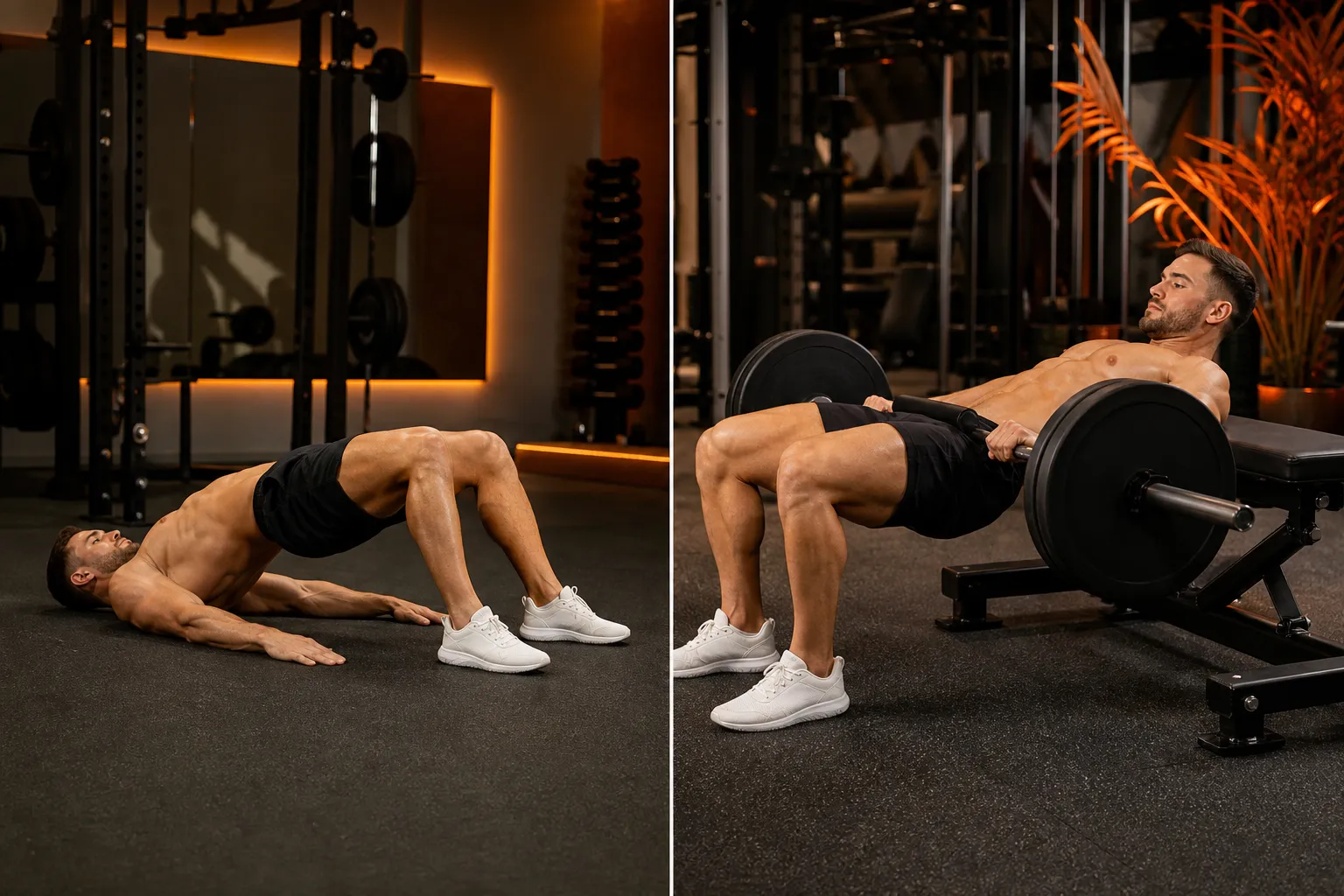 Side-by-side comparison of a male athlete performing a floor glute bridge versus an elevated hip thrust, showing the difference in range of motion and hip height