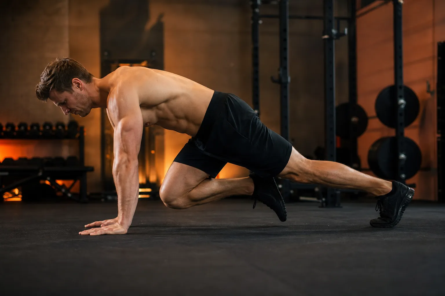 Athlete demonstrating the mountain climber from the side, showing the high plank start position with one knee driven toward the chest and a straight line from shoulders to heels