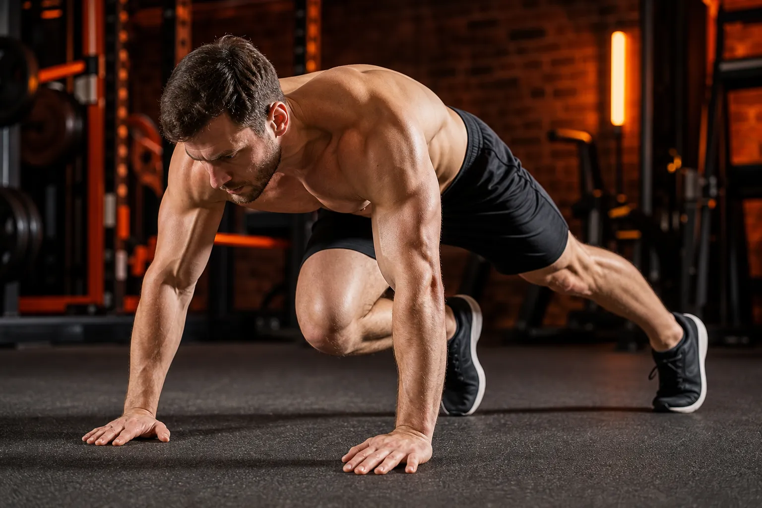 Athlete performing a cross-body mountain climber variation, driving the right knee toward the left elbow across the midline with a braced plank