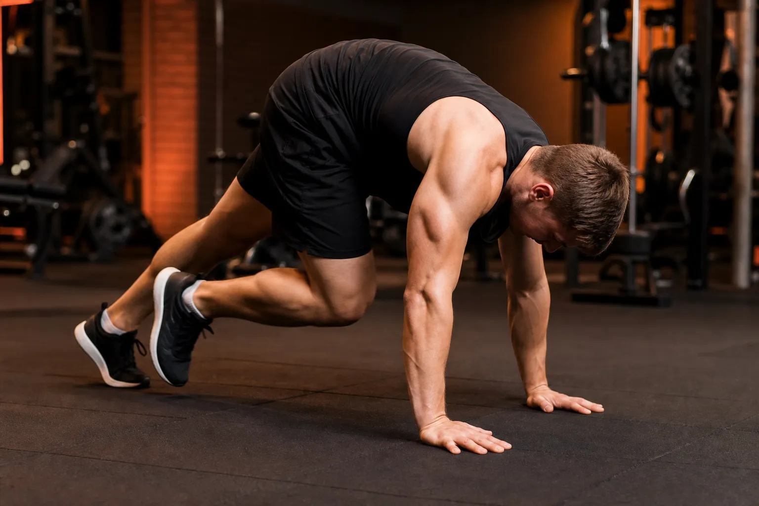 Athlete demonstrating common mountain climber form errors: hips piked up toward the ceiling and shoulders behind the wrists instead of stacked over them