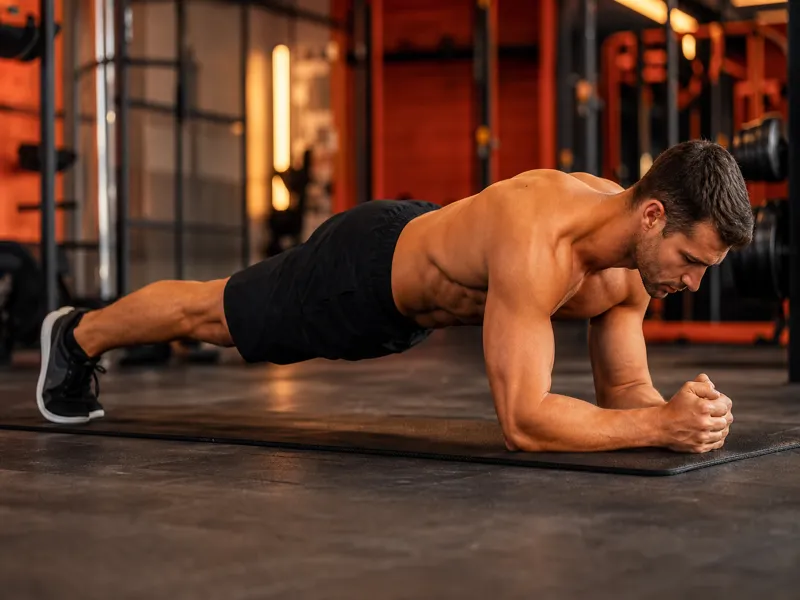 Athlete holding a perfect forearm plank position on a gym mat, straight body line from head to heels, core engaged