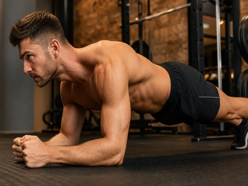 Close-up side view of athlete in forearm plank showing elbows under shoulders, flat back, and engaged core