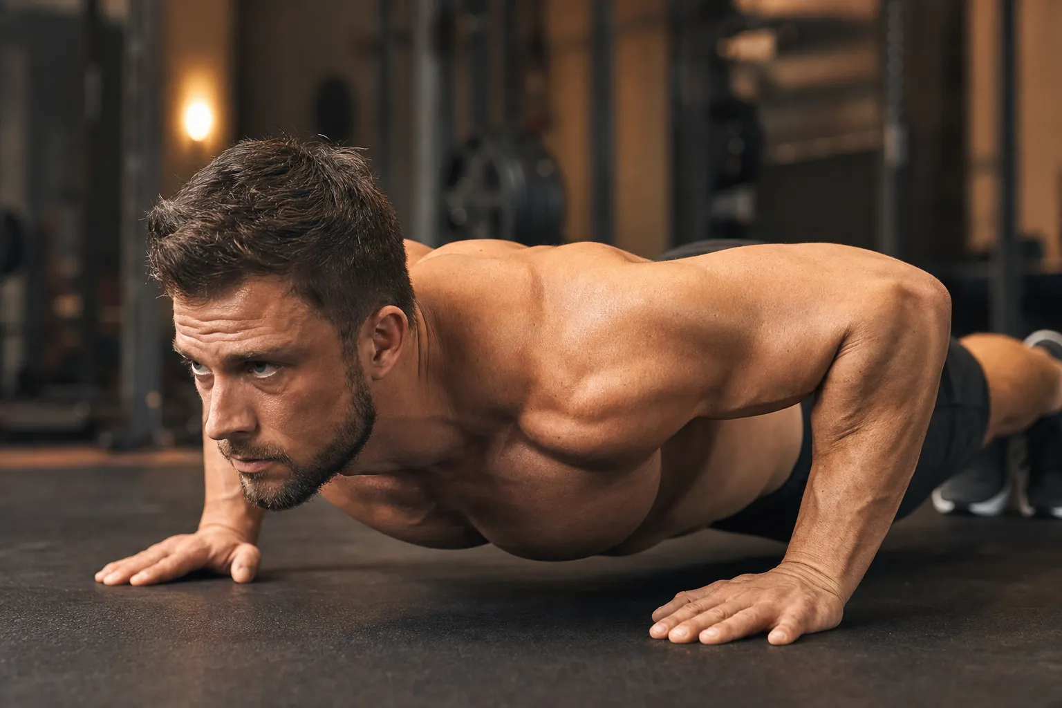 Close-up of athlete in push-up bottom position showing proper elbow angle at 45 degrees and chest close to the floor