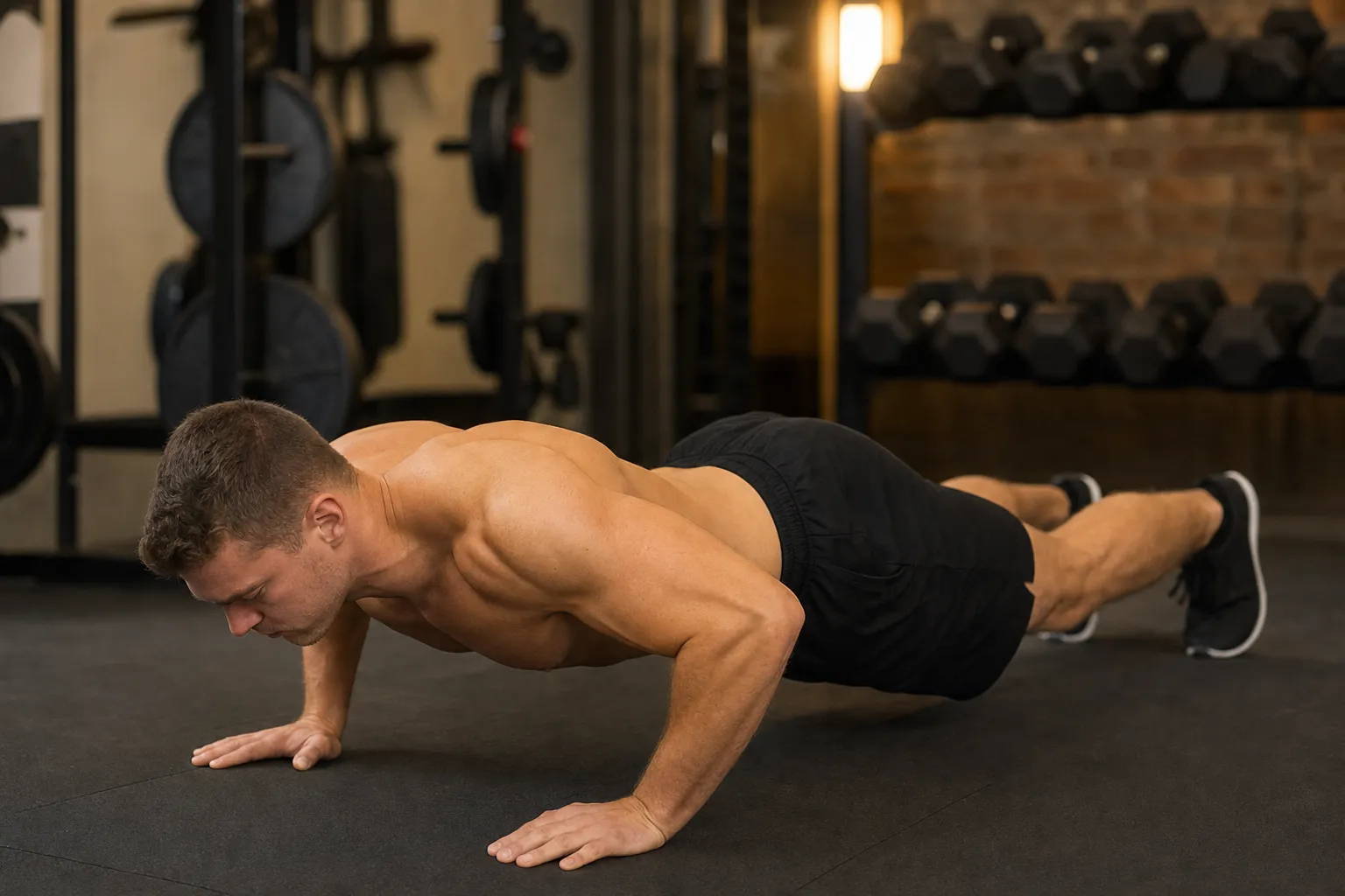 Athlete demonstrating incorrect push-up form with sagging hips and flared elbows, shown with red X overlay