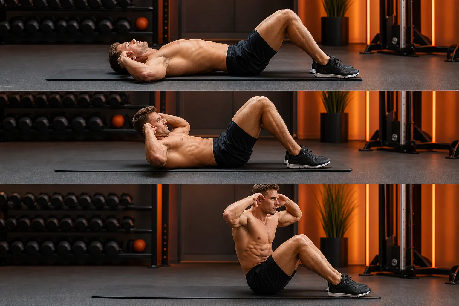 Male athlete demonstrating the sit-up movement sequence from lying with knees bent to hands behind ears to fully raised torso