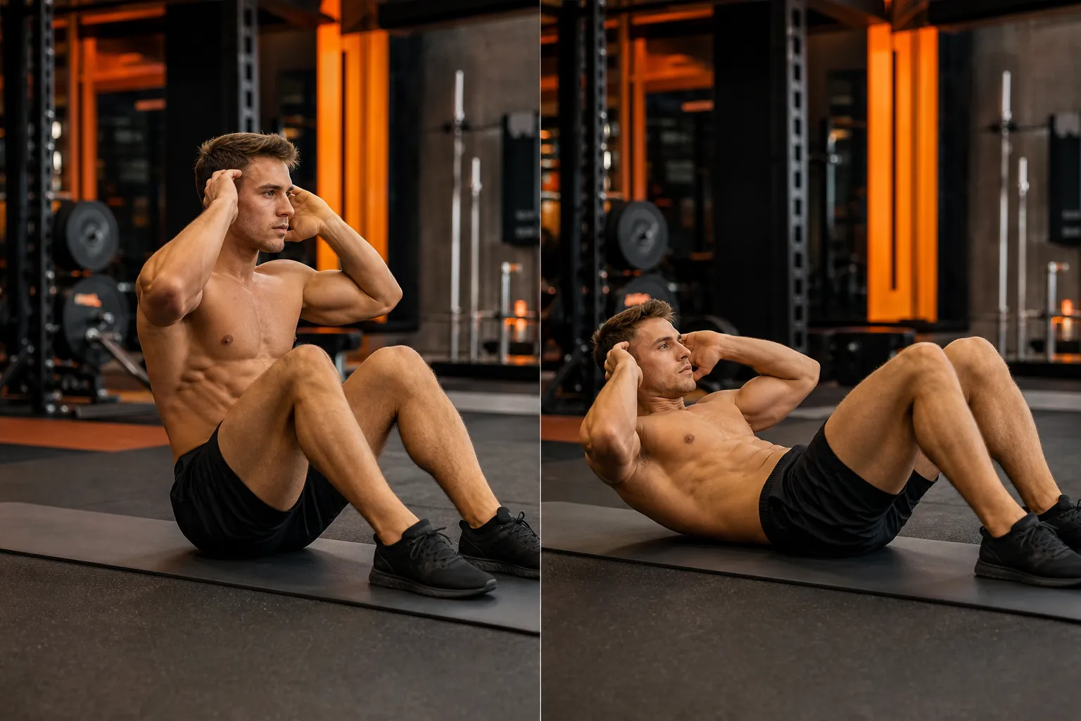 Side-by-side comparison of a male athlete doing a full sit-up and a crunch, showing the difference in torso height and range of motion