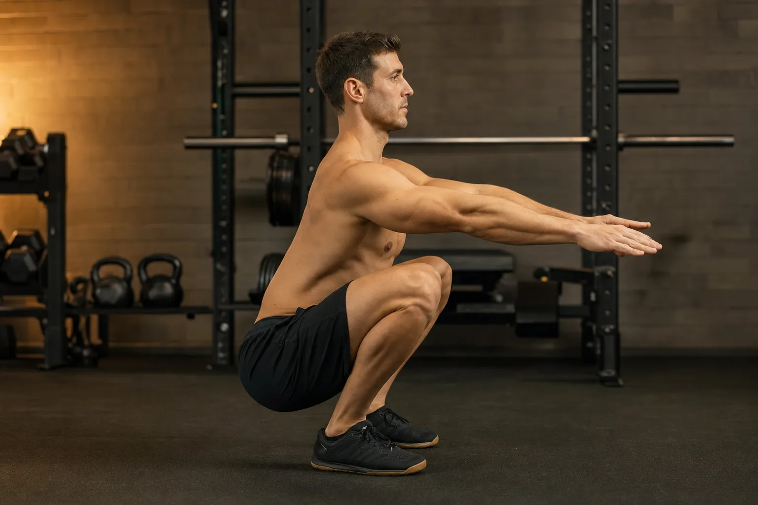 Side view of muscular male athlete in bottom position of bodyweight squat, thighs parallel to floor, chest upright, knees tracking over toes