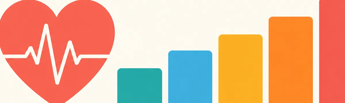 Flat illustration of a heart with a pulse line rising through five colored intensity segments