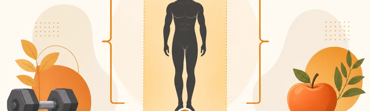 Flat illustration of a body silhouette on a horizontal measuring line between two bracketed target weight markers