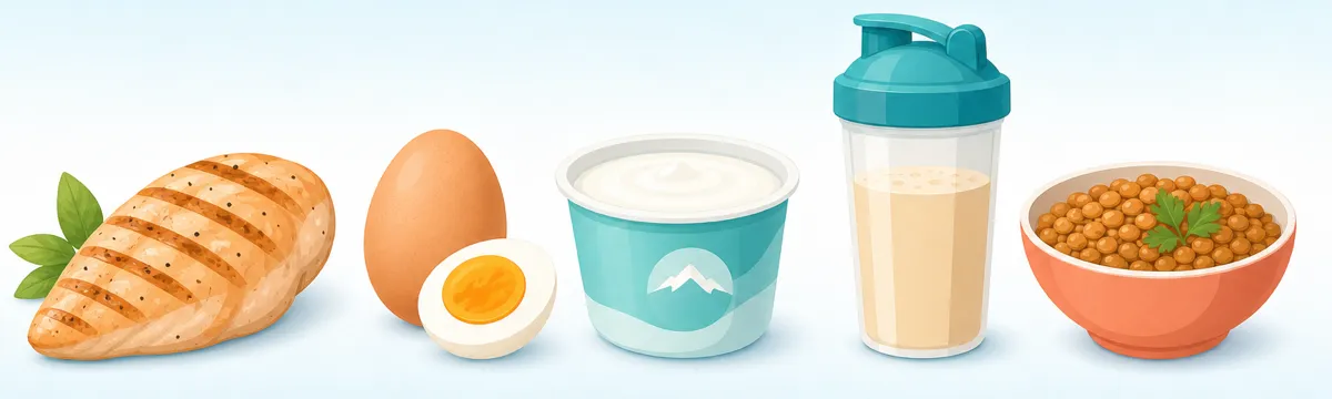 Flat illustration of high-protein foods in a horizontal row: chicken breast, egg, Greek yogurt, shaker bottle and lentils