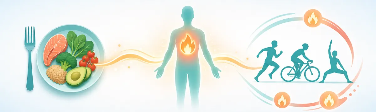 Flat illustration of energy balance: a body silhouette with a glowing flame, food icons on one side and activity icons on the other